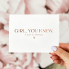 Funny bridesmaid proposal card with the text 'Girl, you know, at least act surprised’ in a modern font with a small heart below. Perfect for fun and modern bridesmaid and bridal party proposals.