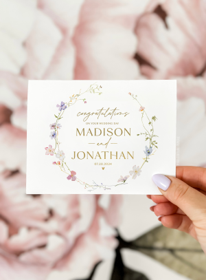 A beautifully designed custom wedding day card featuring elegant floral illustrations and personalized details, perfect for celebrating the newlyweds.