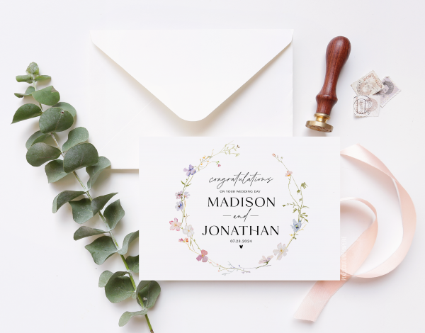A beautifully designed custom wedding day card featuring elegant floral illustrations and personalized details, perfect for celebrating the newlyweds.