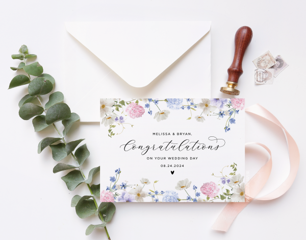 A beautifully designed custom wedding day card featuring elegant floral illustrations and personalized details, perfect for celebrating the newlyweds.