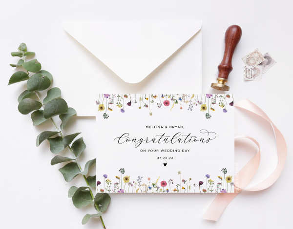 A beautifully designed custom wedding day card featuring elegant floral illustrations and personalized details, perfect for celebrating the newlyweds.
