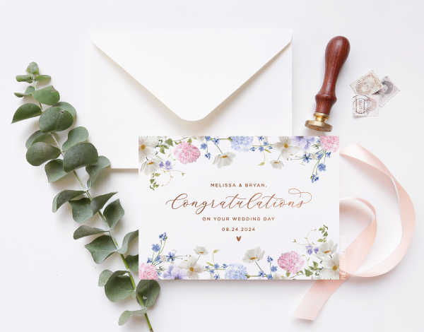 A beautifully designed custom wedding day card featuring elegant floral illustrations and personalized details, perfect for celebrating the newlyweds.