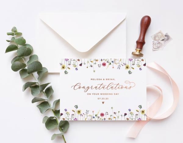 A beautifully designed custom wedding day card featuring elegant floral illustrations and personalized details, perfect for celebrating the newlyweds.