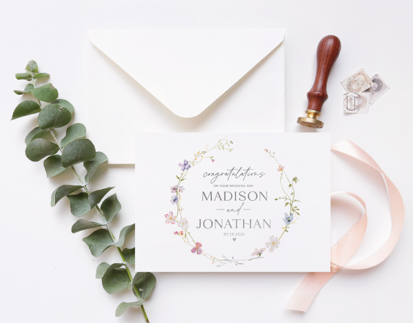 A beautifully designed custom wedding day card featuring elegant floral illustrations and personalized details, perfect for celebrating the newlyweds.
