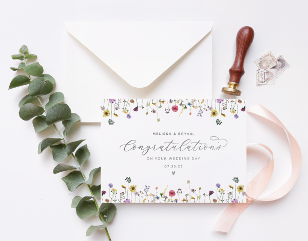 A beautifully designed custom wedding day card featuring elegant floral illustrations and personalized details, perfect for celebrating the newlyweds.
