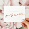 Classic “Will you be my godparents?” proposal card in elegant script on white cardstock, perfect for baptism or baby shower